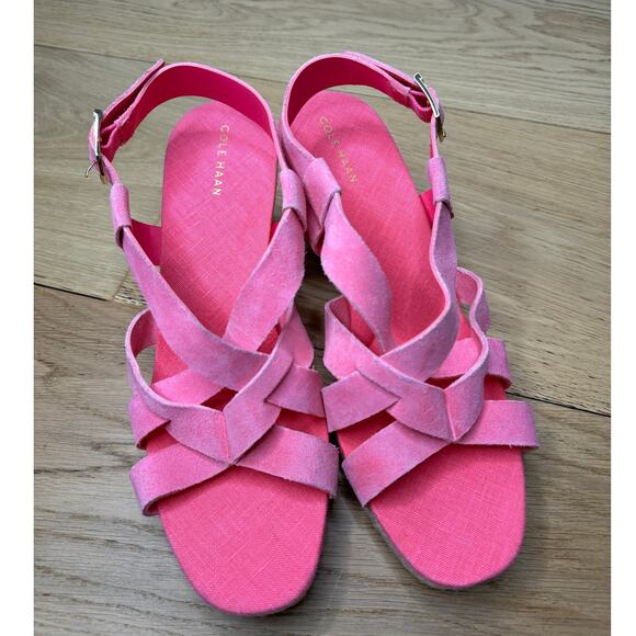 NEW Cole Haan Pink Crystal Wedge Suede Leather Espadrille Strap Sandal, Size 9.5 - Picture 8 of 9